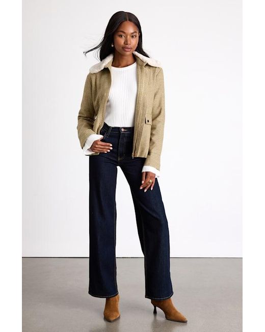 Lulus Natural Bertie Plaid Tweed Faux Fur Collar Jacket