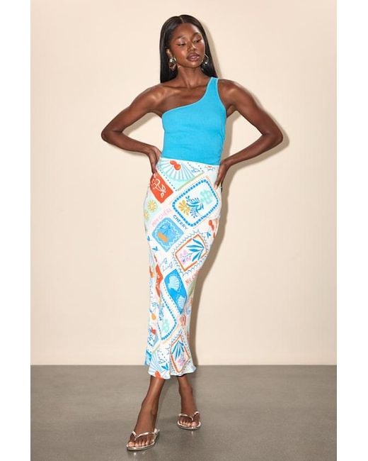 Lulus Blue Iria Multi Postcard Print Midi Skirt