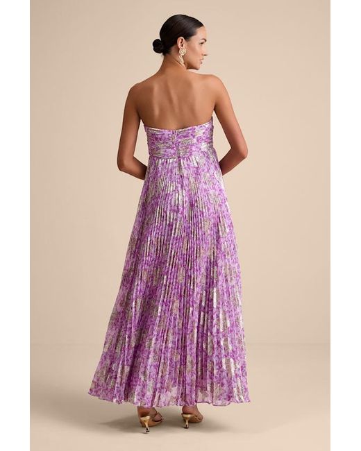 Lulus Purple Lynwen Abstract Pleated Strapless Maxi Dress