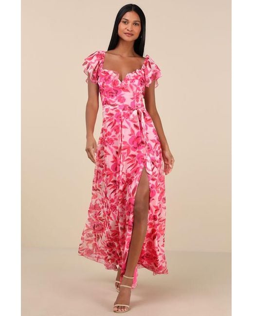 Lulus Pink Sensationally Sweeter Bright Floral Ruffled Maxi Dress