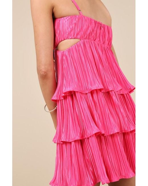 Lulus Pink Sleek Dedication Satin Plisse Cutout Tiered Mini Dress