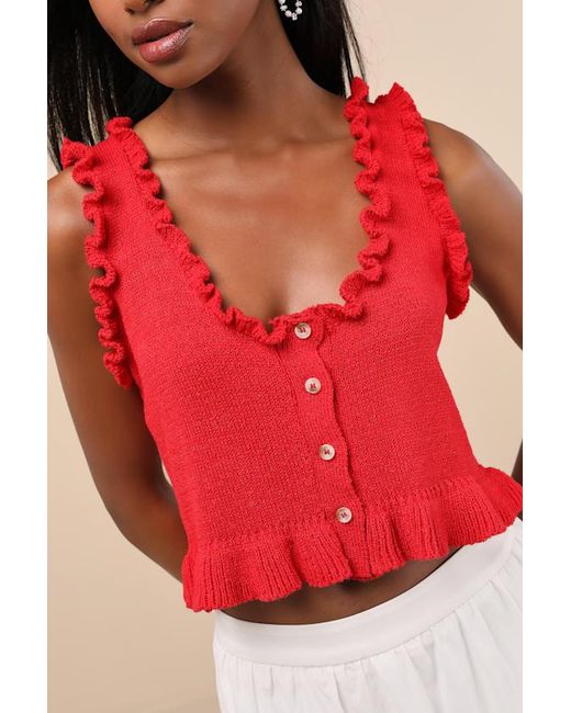 Lulus Red Smiling Sweetie Bright Knit Ruffled Sleeveless Sweater Top