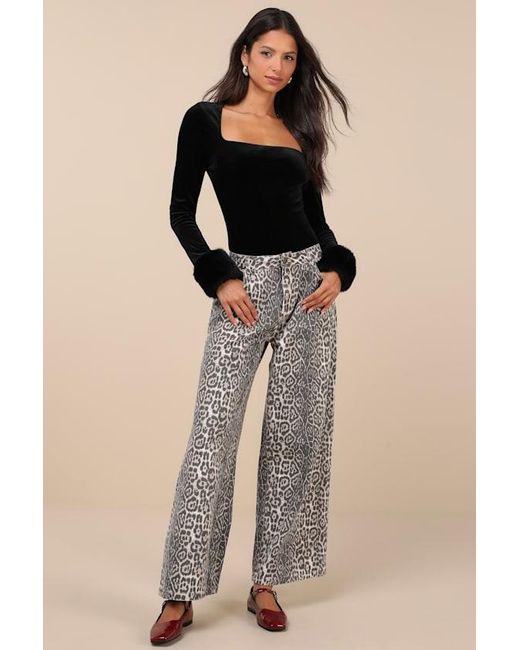 Lulus Black Toasty Allure Velvet Faux Fur Long Sleeve Bodysuit