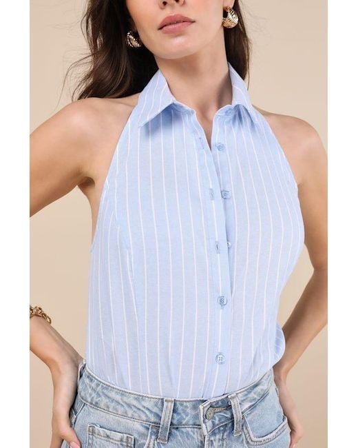 Lulus Blue Aeres Pinstriped Button-Front Collared Halter Bodysuit