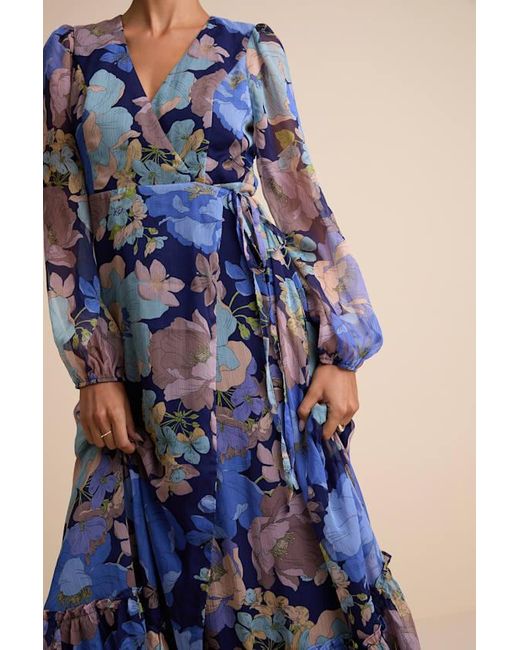 Lulus Blue Feeling Sweet Floral Print Long Sleeve Wrap Maxi Dress