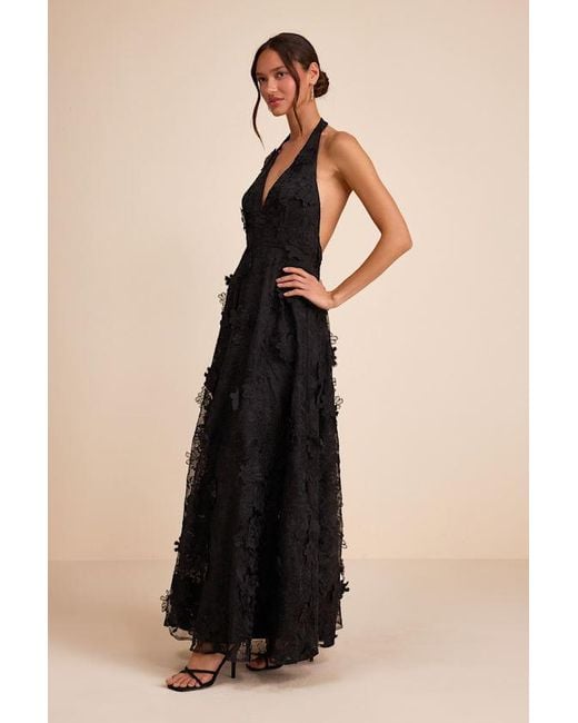 Lulus Black Kennia 3D Floral Embroidered Halter Maxi Dress