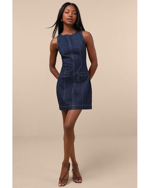 Lulus Blue Cataleya Dark Wash Denim Boat Neck Mini Dress