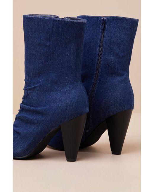 Lulus Blue Klint Denim Ruched Pointed-Toe Ankle Boots