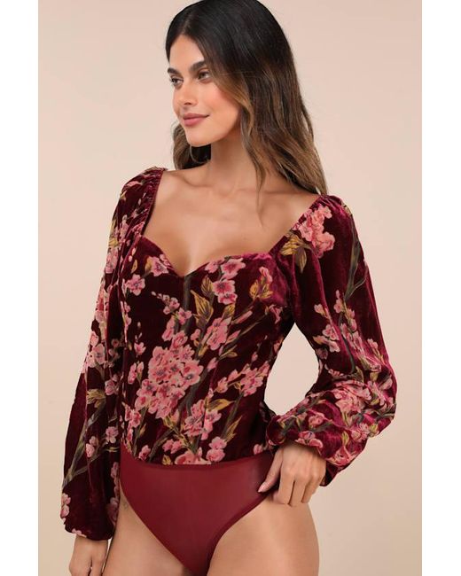 Lulus Red Luxe Romance Velvet Floral Burnout Long Sleeve Bodysuit