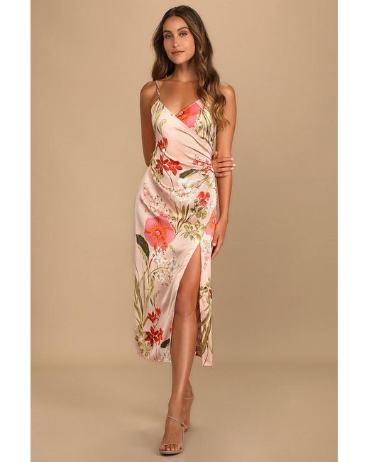 Lulus Natural Remarkable Entrance Floral Print Satin Midi Dress