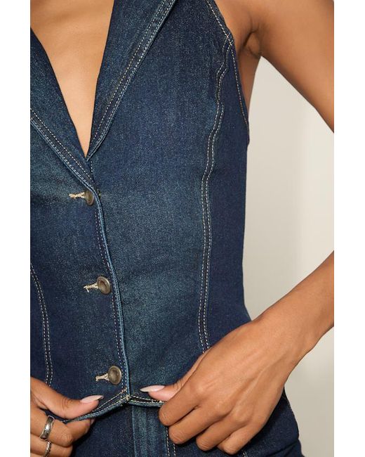 Lulus Blue Lyris Dark Wash Denim Button-Front Collared Halter Top