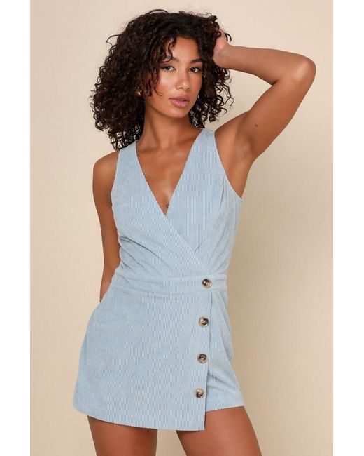 Lulus Blue Cute Mindset Corduroy Faux-Wrap Skort Romper