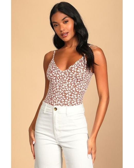 Lulus Brown Each And Every Bloom Floral Print Sleeveless Bodysuit