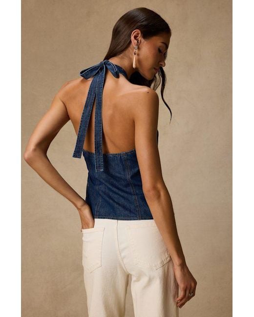 Lulus Blue Soleil Dark Wash Denim Halter Wrap Top
