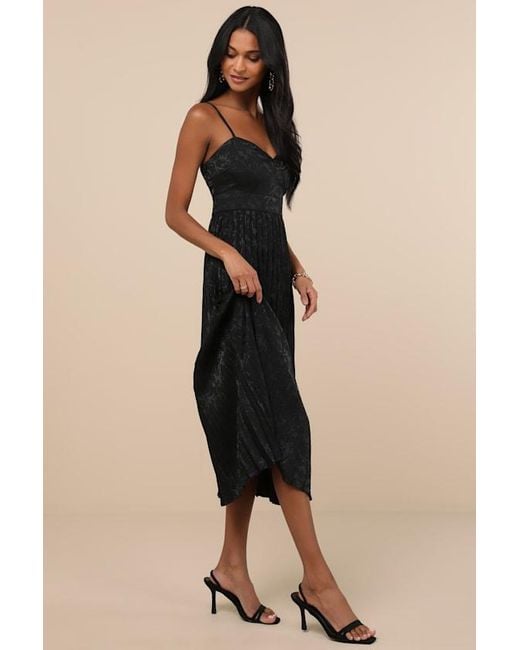 Lulus Black Regal Romance Floral Jacquard Pleated Satin Midi Dress