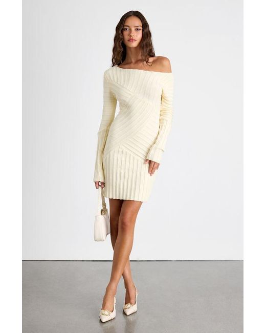 Lulus Natural Penelope Cream Ribbed Off-The-Shoulder Sweater Mini Dress