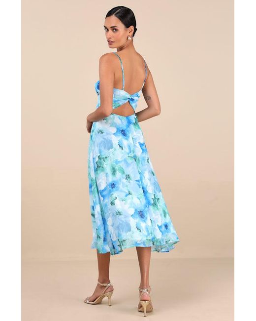 Lulus Blue Radiant Feelings Floral Chiffon Midi Dress