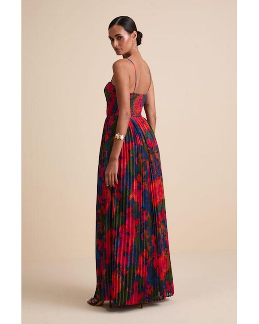 Lulus Red Kinleigh Multi Abstract Pleated Bustier Maxi Dress