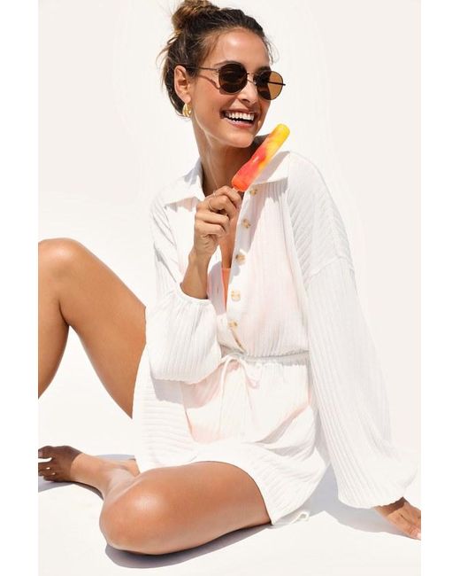 Lulus White Oasis Awaits Ribbed Button-Up Mini Swim Cover-Up