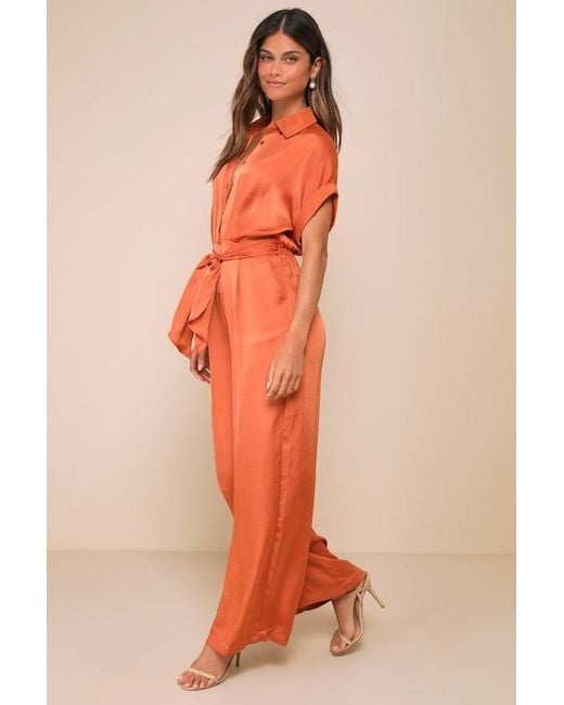 Steve Madden Orange Tori Rust Satin Tie-Front Button-Up Collared Jumpsuit