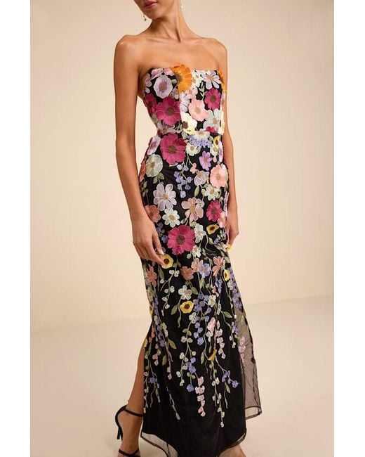 Lulus Natural Macario Multi 3D Floral Embroidered Strapless Maxi Dress