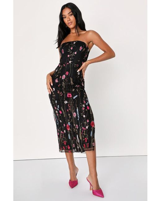 Lulus Black Bold Botanicals Floral Embroidered Strapless Midi Dress