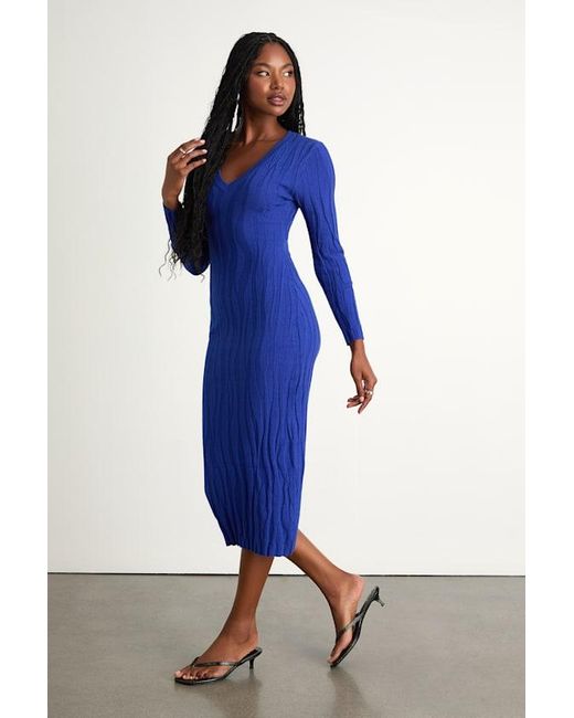 Lulus Blue High Appeal Textured V-Neck Midi Sweater Dress