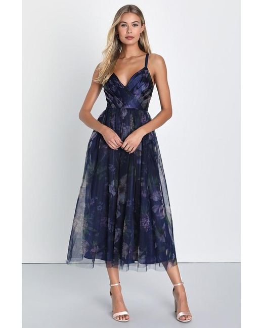 Lulus Blue Elaborate Elegance Floral Print Tulle Pleated Midi Dress