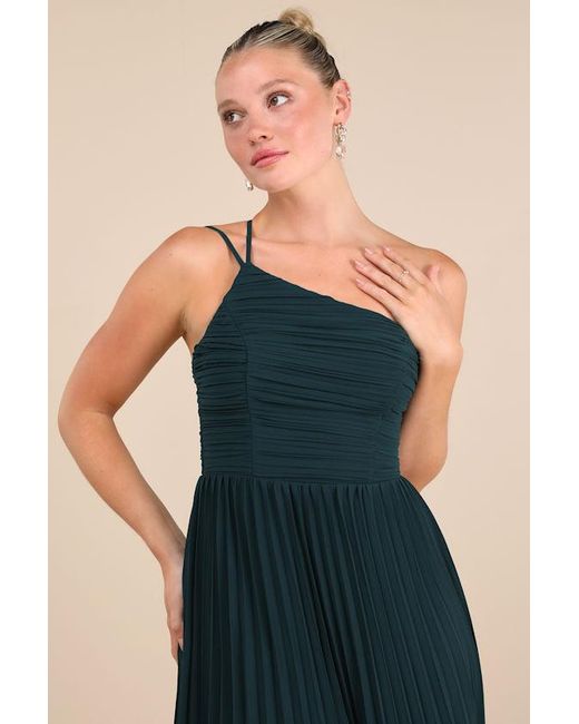 Lulus Blue Wondrous Muse Emerald Pleated One-Shoulder Midi Dress