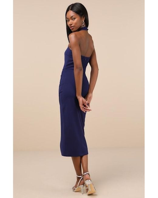 Lulus Blue Prominent Charm Halter Bodycon Tulip Midi Dress