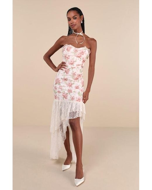Lulus Natural Prettiest Entrance Floral Lace Strapless Maxi Dress