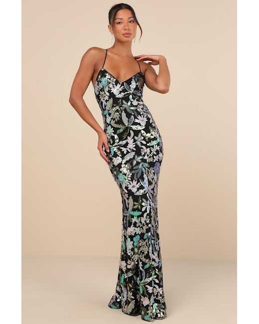 Lulus Black Glittering Icon Iridescent Sequin Lace-Up Maxi Dress