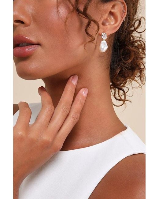 Lulus Natural Spectacular Stance Rhinestone Pearl Earrings