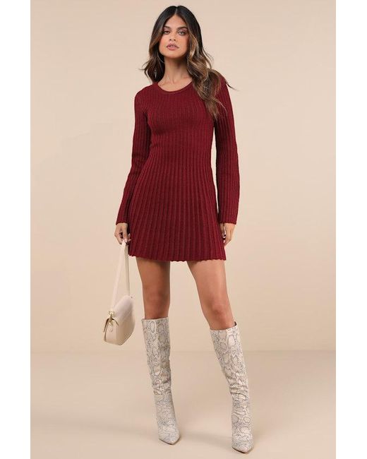 Lulus Red Convincing Poise Ribbed Long Sleeve Skater Mini Dress