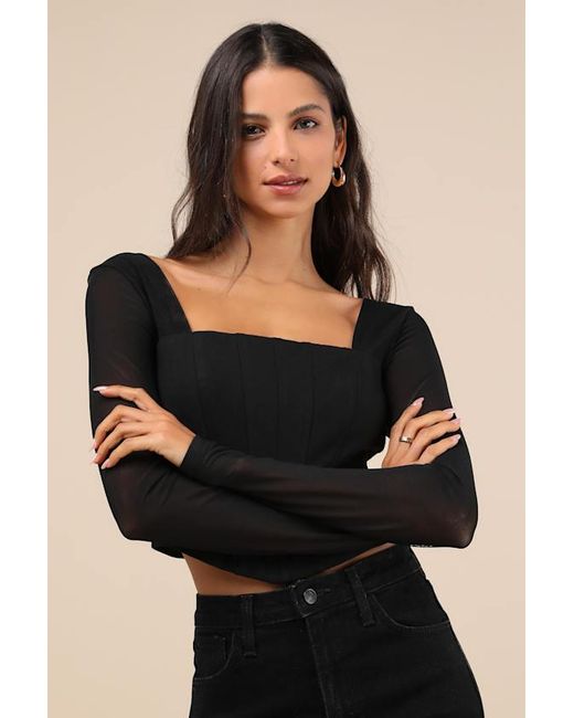 Lulus Black Captivating Sense Mesh Long Sleeve Bustier Crop Top