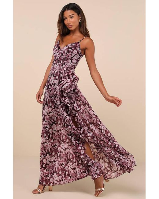 Lulus Multicolor Illustrious Aura Plum Floral Ruffled Surplice Maxi Dress