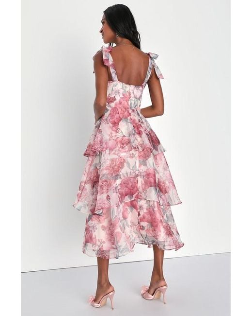 Lulus Playfully Posh Blush Floral Organza Tie-Strap Tiered Midi Dress