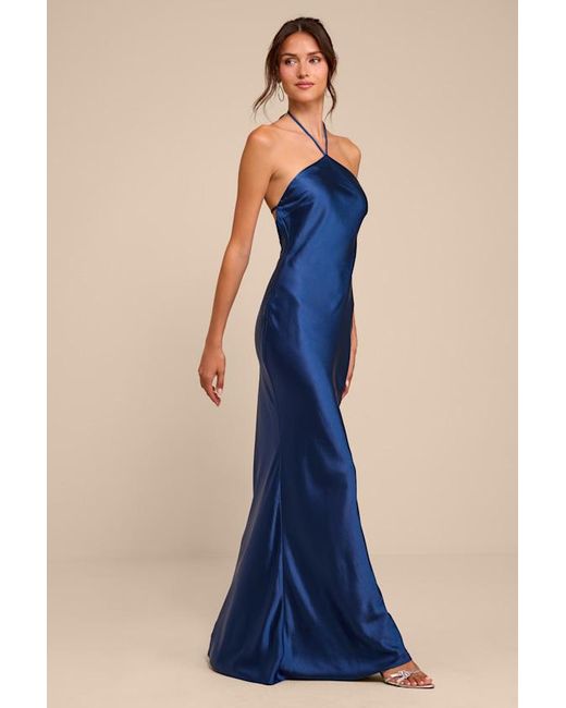 Lulus Blue Roya Satin Halter Backless Maxi Dress