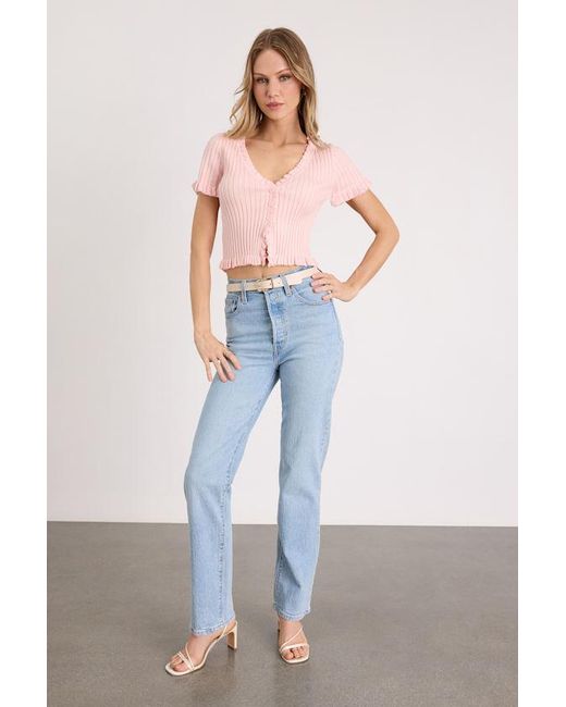 Lulus Pink Keighlen Ribbed Ruffled Short Sleeve Sweater Top
