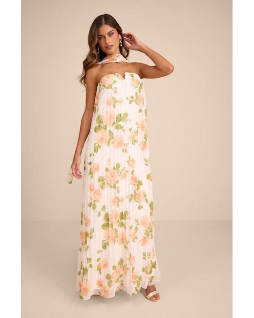Lulus Natural Lael Floral Pleated Strapless Dress And Scarf Set