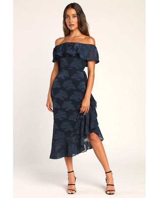 Lulus Blue Pretty Perfect Floral Burnout Off-The-Shoulder Midi Dress