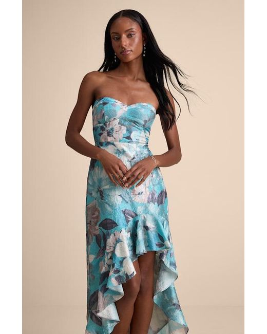 Lulus Blue Blushing Darling Floral Strapless High-Low Maxi Dress