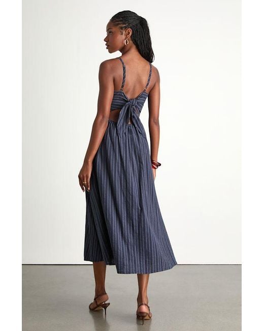 Lulus Blue Feeling The Best Striped Tie-Back Midi Dress With Pockets