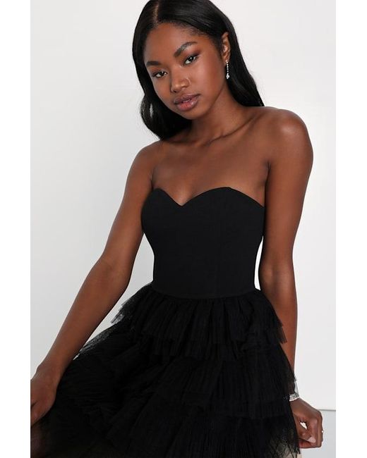 Lulus Black Fabulous Thoughts Tulle Strapless Tiered Mini Dress