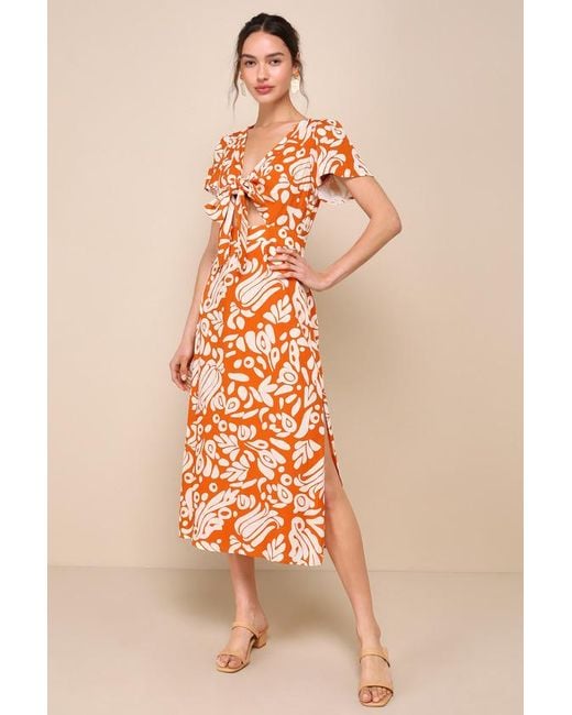 Lulus Orange Energetic Charm Abstract Tie-Front Midi Dress