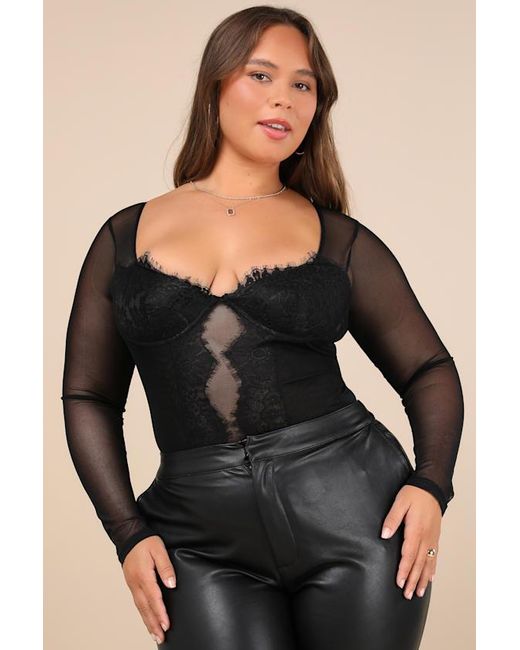 Lulus Blue Stay Sultry Mesh Lace Long Sleeve Bodysuit