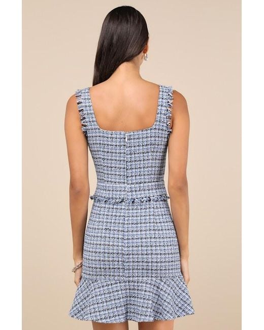 Lulus Blue Adorably Luxurious Tweed Raw Edge Sleeveless Mini Dress