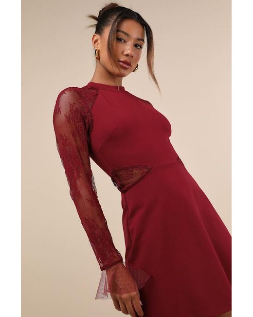 Lulus Red Bragging Rights Lace Long Sleeve Skater Dress