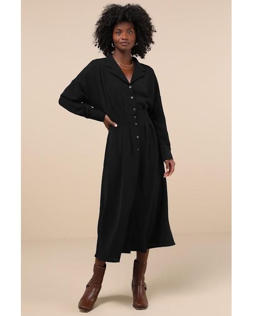 Lulus Black Timeless Class Collared Button-Up Pleated Midi Dress
