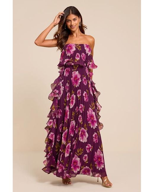 Lulus Purple Andri Floral Pleated Ruffled Maxi Dress
